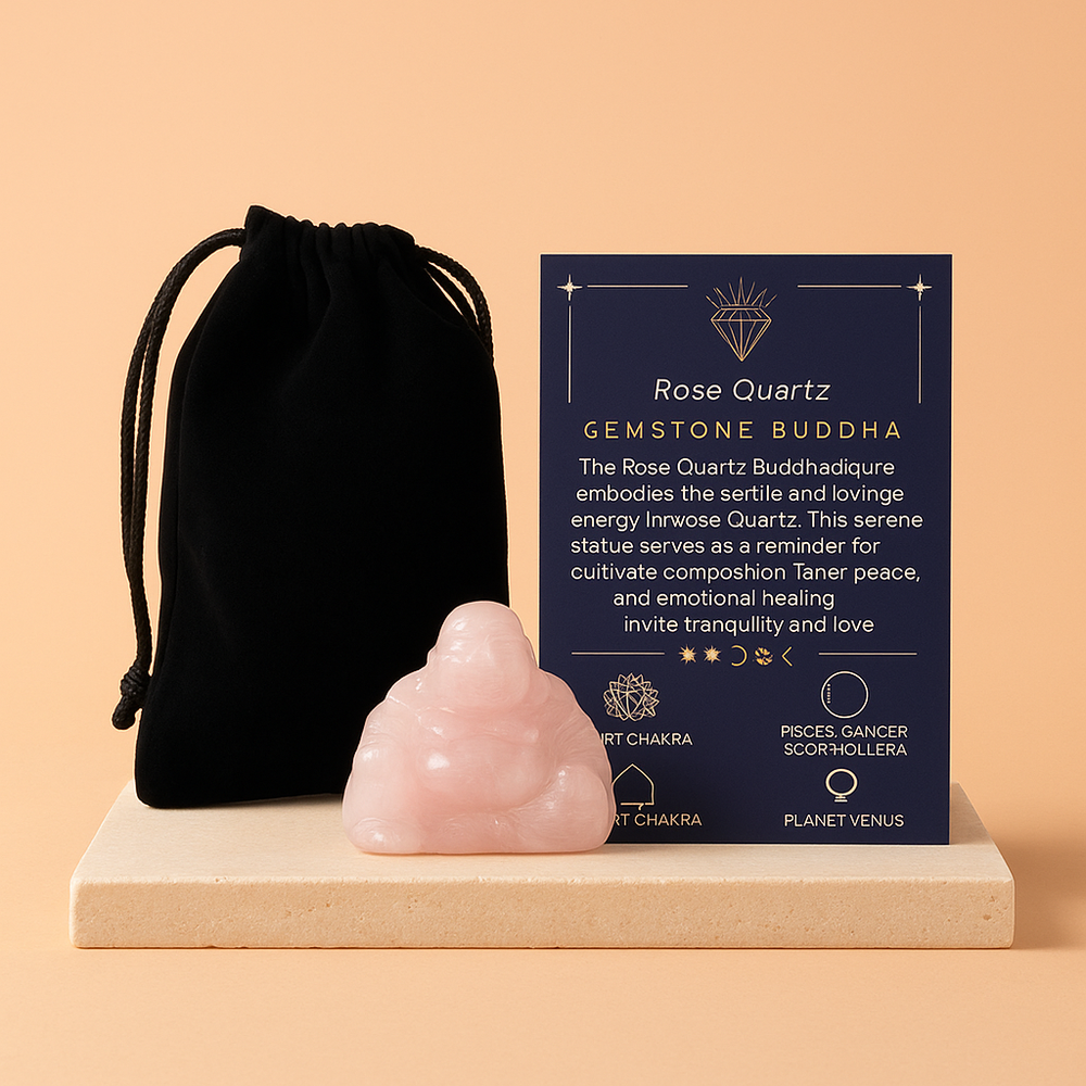 Buda en cuarzo rosa, figura tallada en cuarzo natural, 35x40x23 mm; bolsa de terciopelo incluida - promueve paz y amor.
