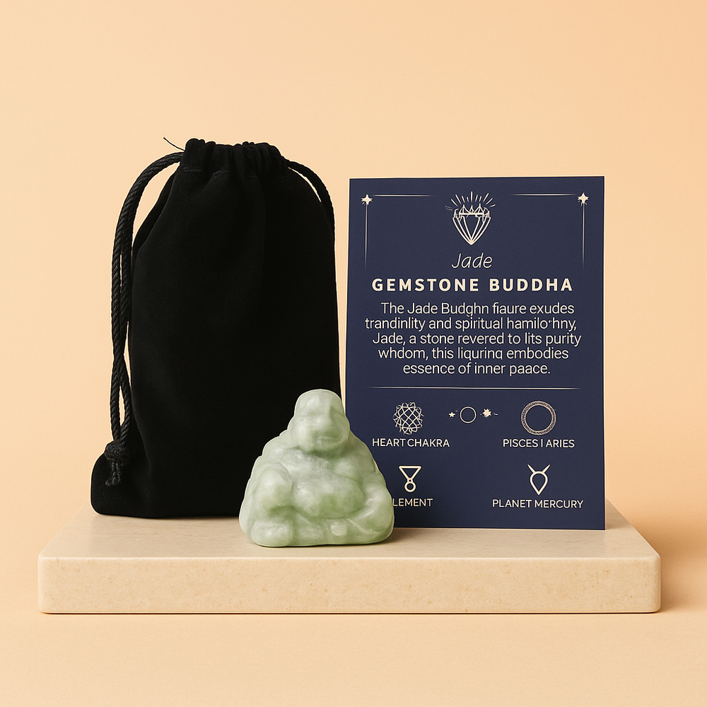 Gema tallada en Jade natural, figura de Buda, 35x40x23 mm, verde pulido - promueve serenidad y armonía
