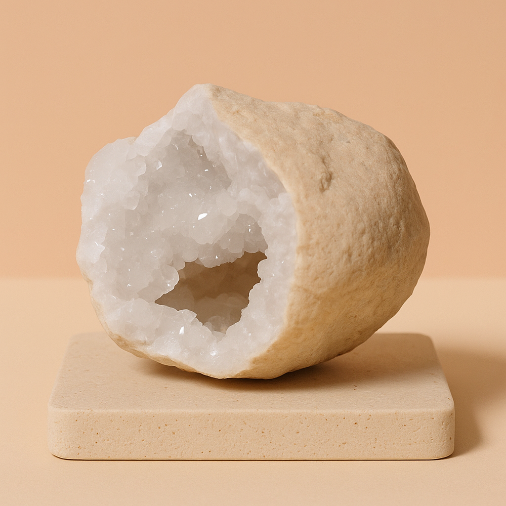 Geodas de Calcita 18 cm: geoda natural con cristales, color blanco translúcido, forma irregular - calma y equilibrio