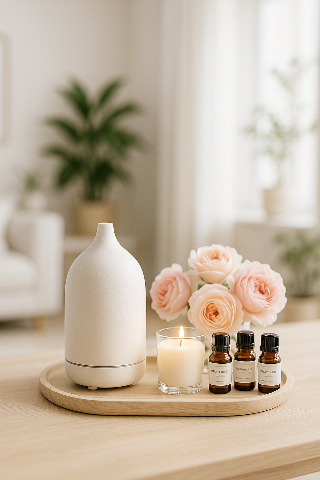 Productos de aromaterapia natural con aceites esenciales, difusor y vela aromatica para armonizar la energía del hogar. unas rosas de fondo