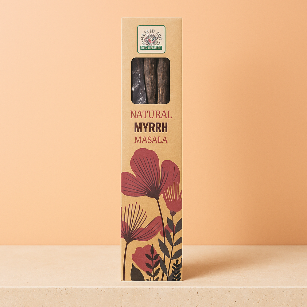 Incienso Masala Mirra en varilla marrón, elaborado con resinas naturales — limpieza energética y protección del hogar
