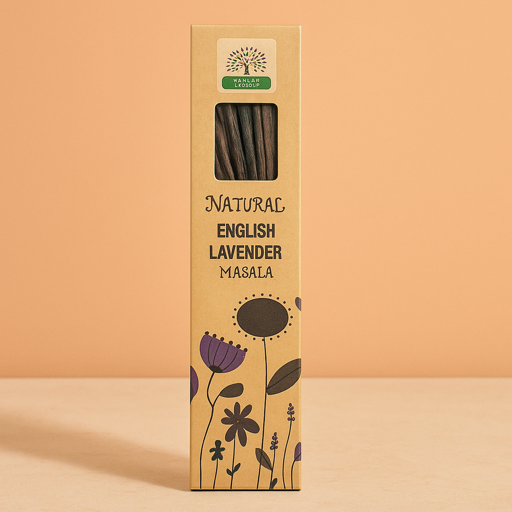 Incienso Natural de Lavanda Inglesa Masala en varillas finas, tono marfil, aroma floral - calma y descanso profundo