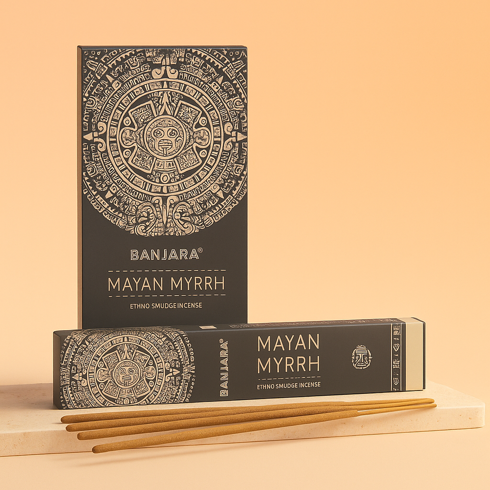 Incienso Mirra Maya: varillas de mirra pura, color natural, formato en varilla, caja premium - Purifica y armoniza el hogar