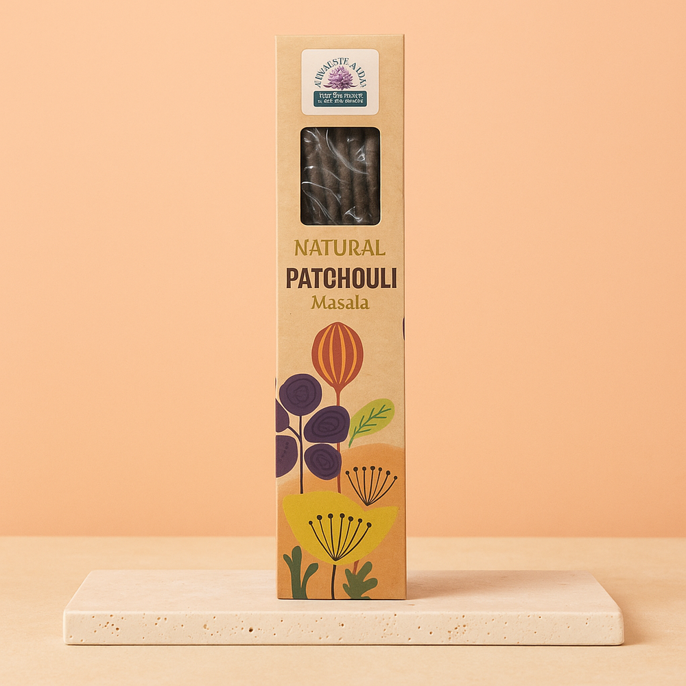 Incienso Pachulí Masala - varillas naturales, color marfil, en caja ecológica, aroma terroso y duradero-Relajación y armonía