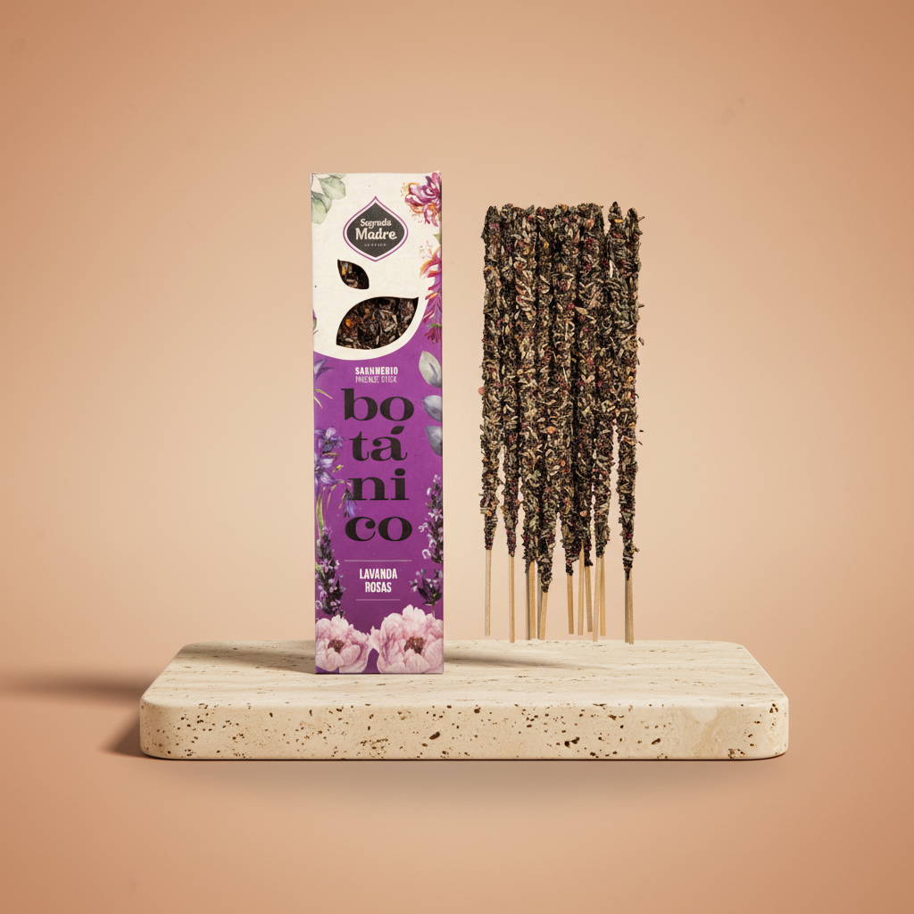 Incienso Botánico Lavanda y Rosas en sahumerio crema, aroma suave fusiona lavanda y rosas para serenidad - relaja