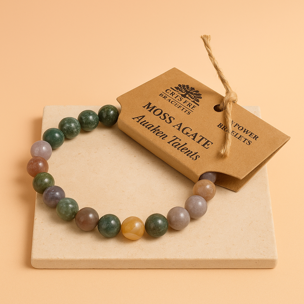 Pulsera de Ágata de Musgo: cuentas naturales en verde y tierra, diseño elástico y ligero - impulsa creatividad y equilibrio
