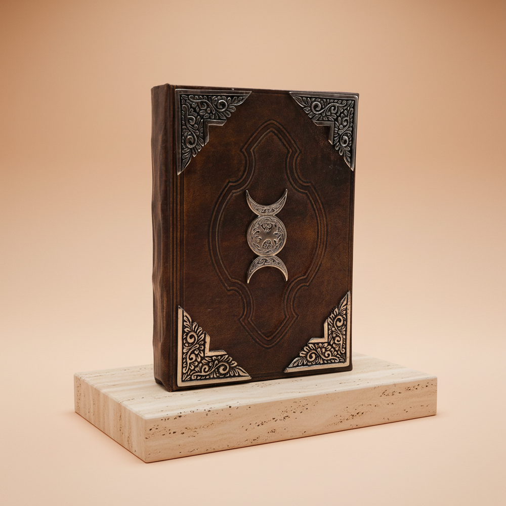 Cuaderno de cuero marrón con bordes de cubierta y luna triple de zinc, 200 páginas, 26x18 cm - ideal para diarios y bienestar