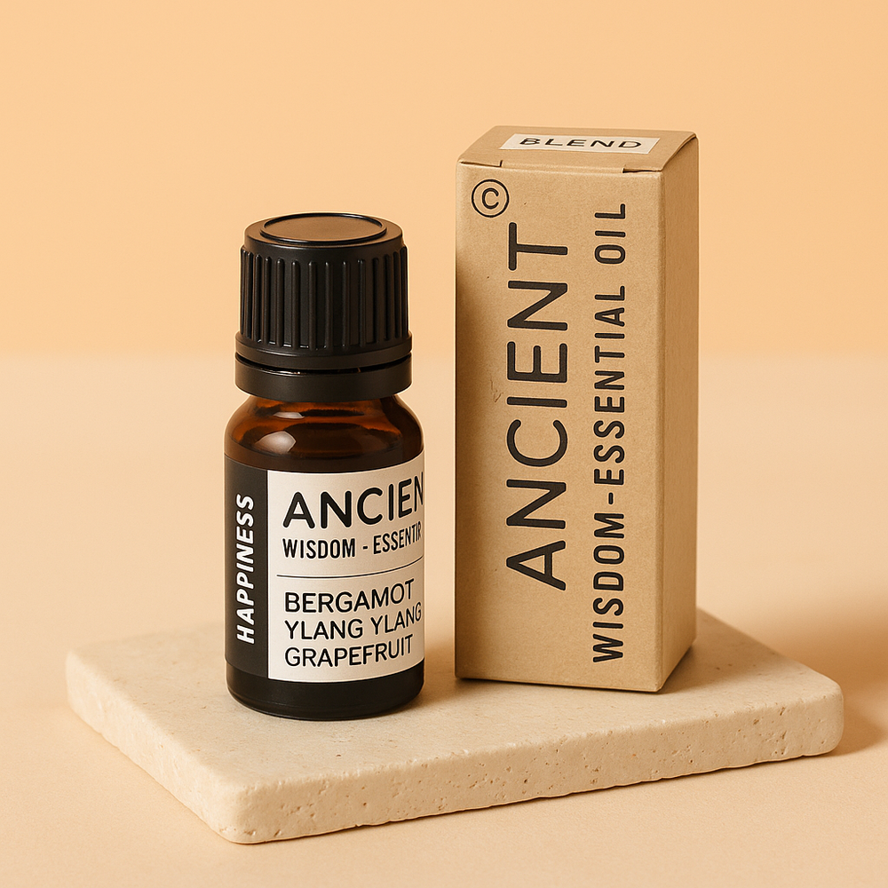 Mezcla de Aceites Esenciales para la Felicidad - frasco ámbar de 10 ml con etiqueta - eleva el ánimo y reduce el estrés