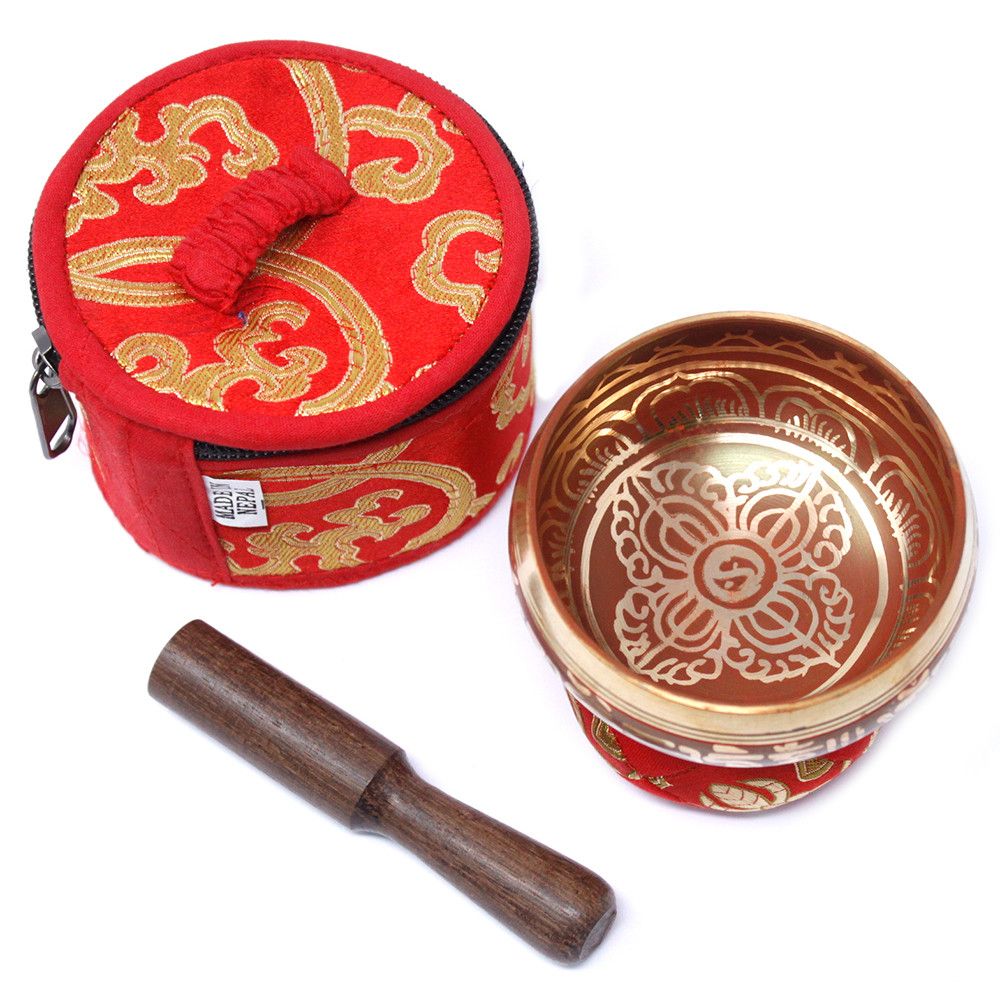 Cuenco tibetano rojo, set regalo mini, para uso en hogar y meditación - favorece armonía y bienestar.
