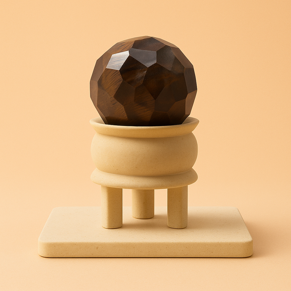 Bola de Ojo de Tigre de 4–5 cm sobre soporte de madera artesanal, dorados y marrones- Protección, confianza y claridad mental