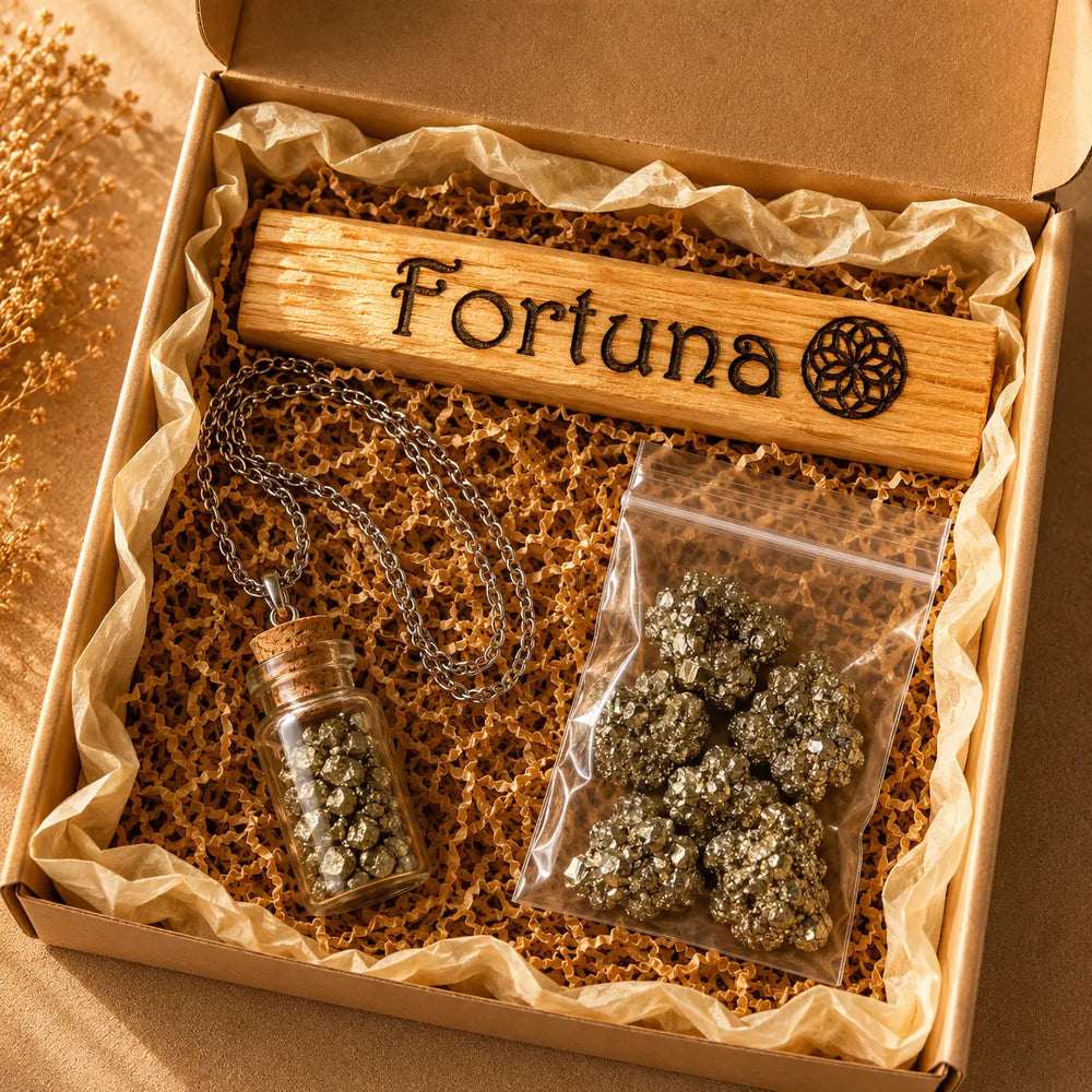Colgante de frasco con pirita y palo santo grabado con “Fortuna”, sobre base beige de travertino. Imagen espiritual de productos energéticos Yo Soy Munduko.