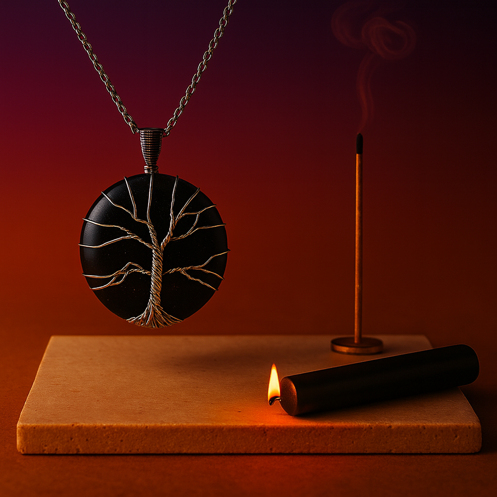 Protección nocturna – collar de ónix negro, 15 g de Palo Santo e incienso, 12 velas negras - para estar protegido y en calma