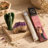 Pack Ritual Samhain: aventurina verde, amatista en drusa pequeña y palo santo dorado con incienso - protección y renovación