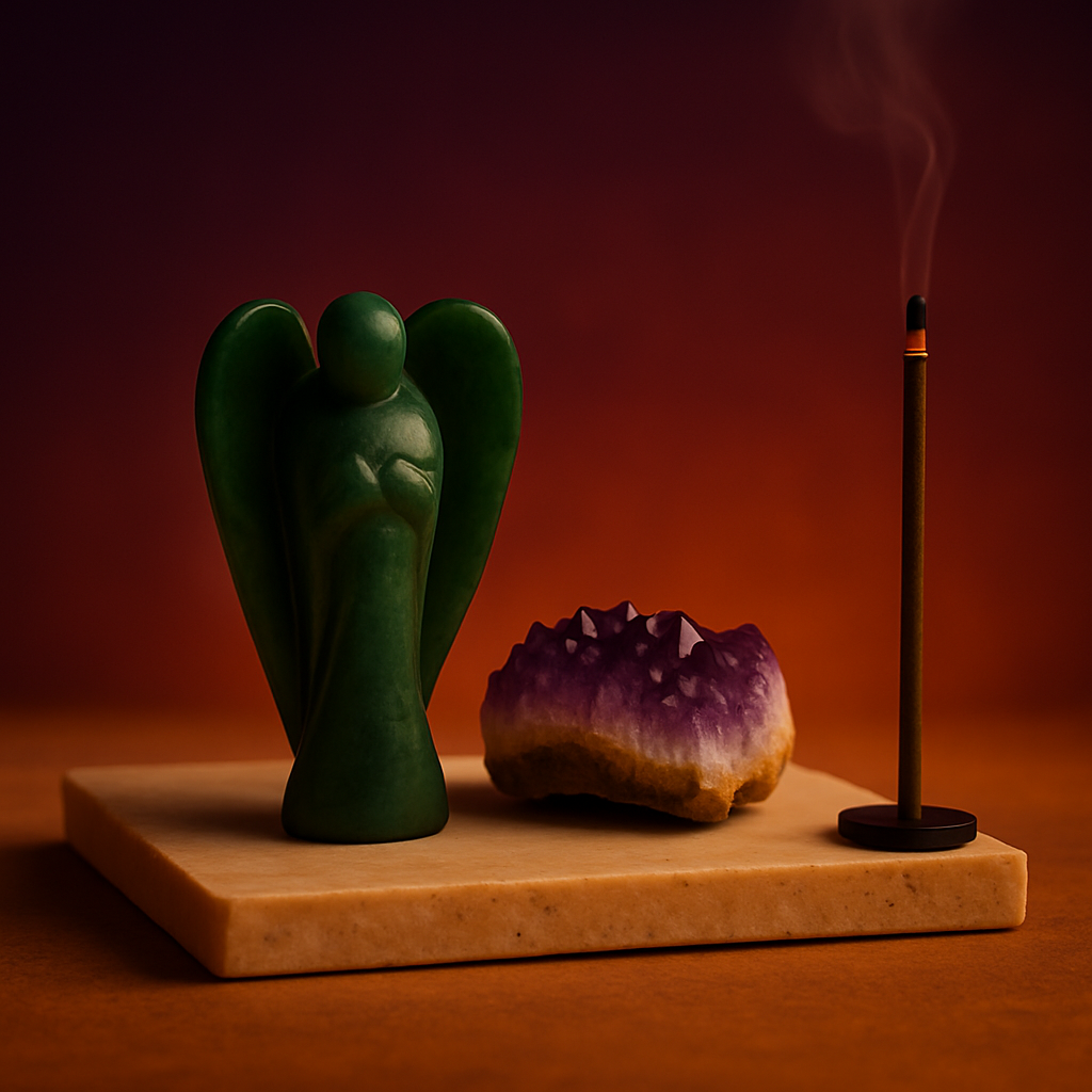 Pack Ritual Samhain: aventurina verde, amatista en drusa pequeña y palo santo dorado con incienso - protección y renovación