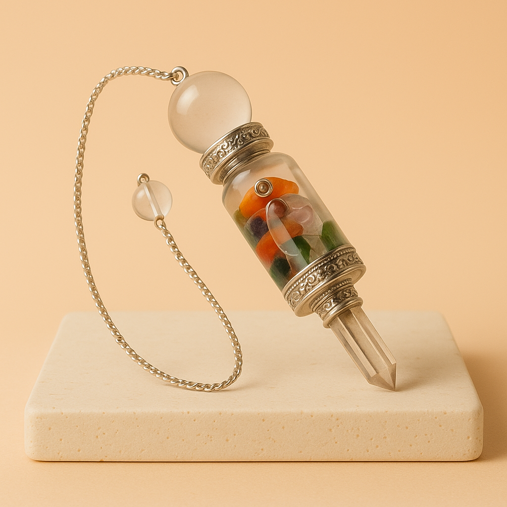 Péndulo Chakras Flotantes con cristales de siete centros, diseño suspendido y cadena plateada - equilibrio e intuición