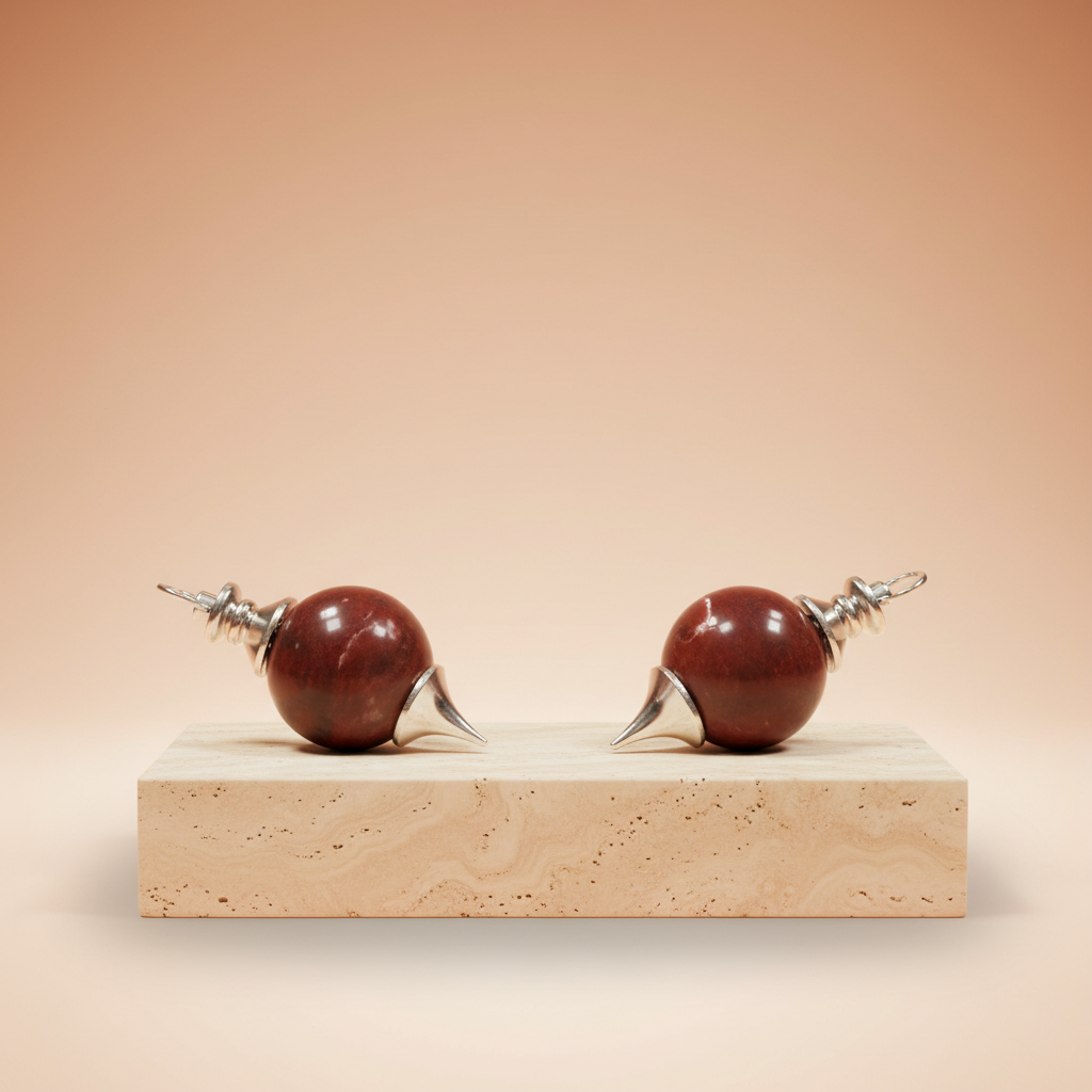 Péndulo Esférico de Jaspe Rojo, esfera pulida en tono terroso, engarzada en plata con cadena y anillo - enraizamiento