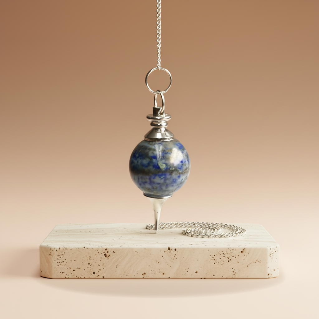 Péndulo Esférico de Lapislázuli: esfera azul, engarzada en plateado con cadena y anillo - favorece intuición y claridad