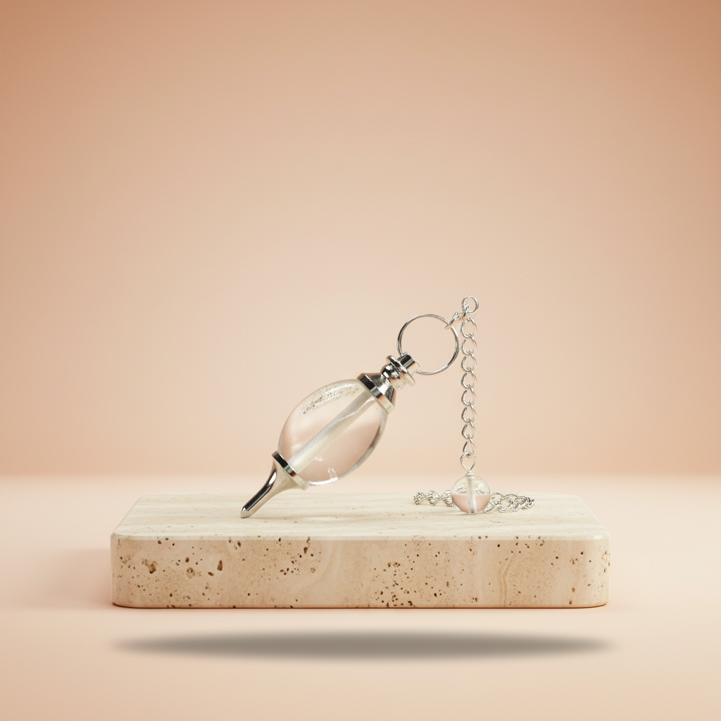 Péndulo Lingam de cuarzo roca natural, con forma sagrada y color incoloro, cadena plateada - potencia intuición y claridad