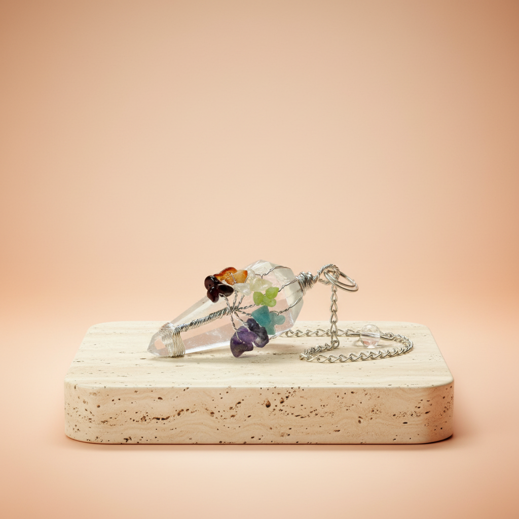 Péndulo Mágico de Siete Chakras con Cuarzo Roca transparente, punta y cadena plateada - alinea chakras e impulsa intuición