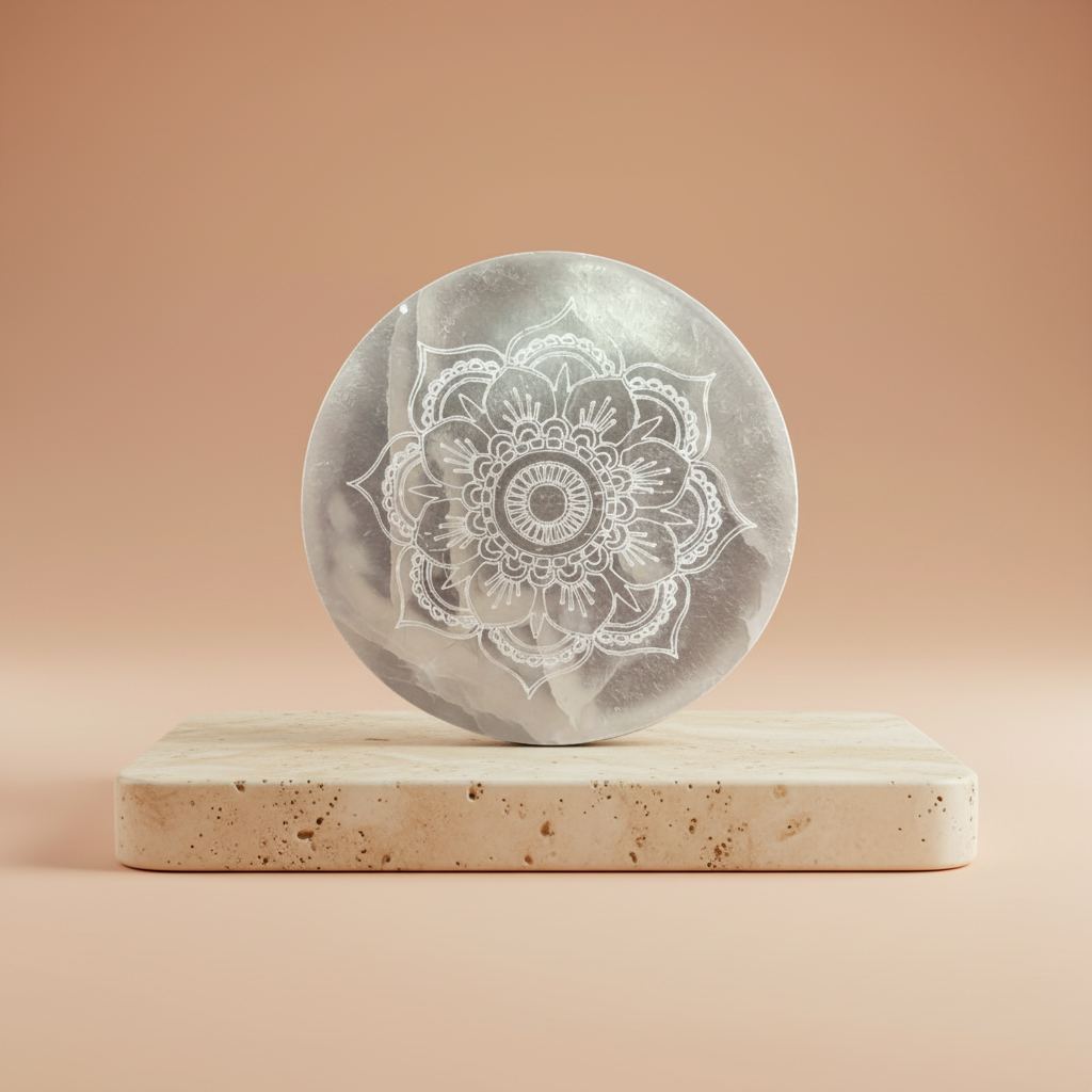 Placa de carga en selenita, 8 cm, redonda con mandala grabado y tono blanquecino translúcido - favorece armonía y bienestar