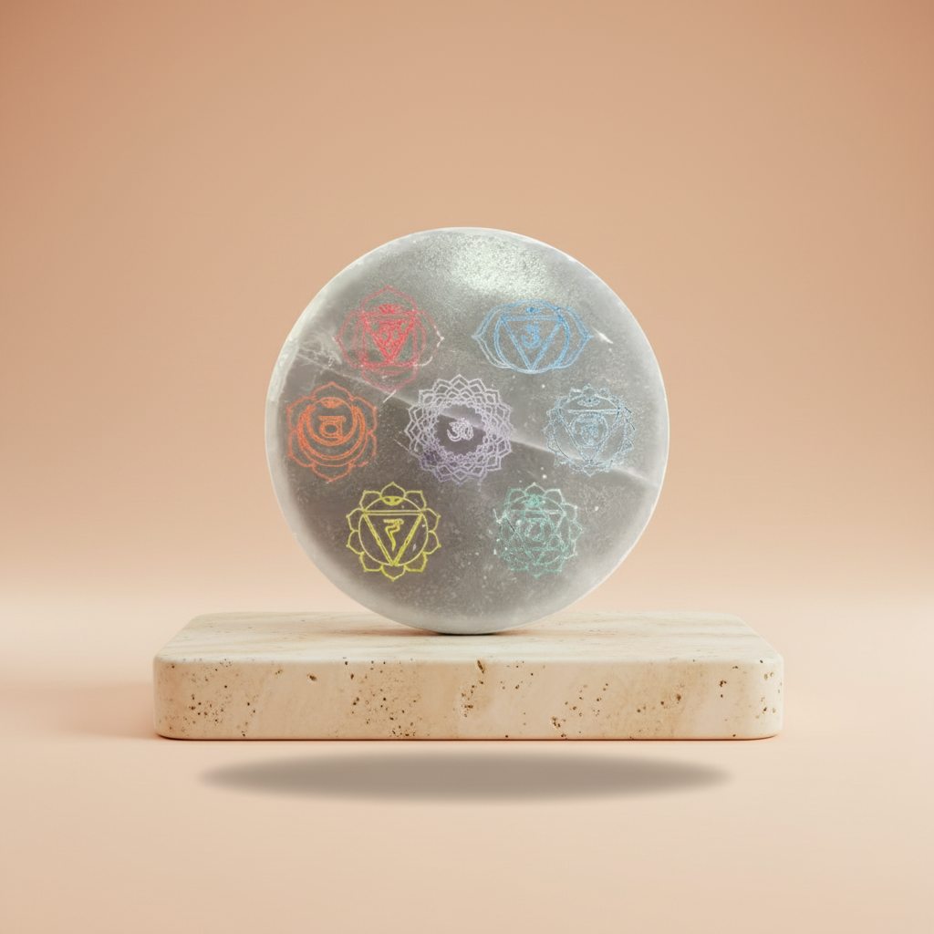 Placa de Carga circular 10 cm, diseño Chakra colorido, base para cargar y ordenar dispositivos - Armonía y bienestar.