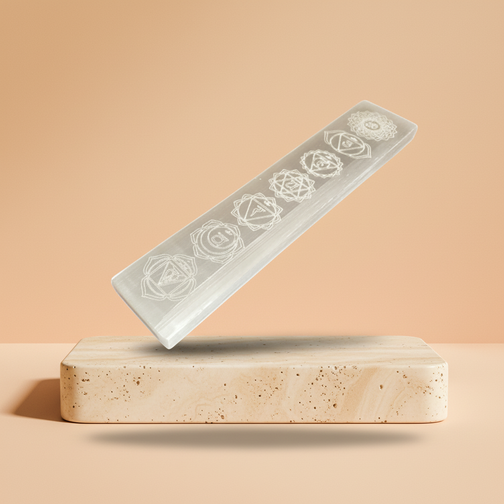 Placa de Selenita, 20 cm, barra plana grabada con chakras, translúcida - limpieza energética y alineación espiritual