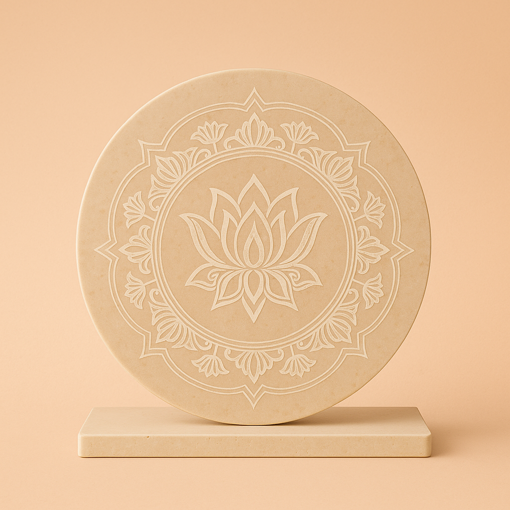 Placa de Carga de Selenita translúcida, 10 cm, con grabado de Flor de Loto; ideal para limpiar y recargar cristales, serenidad