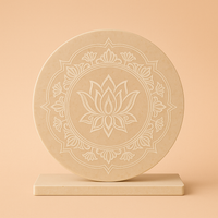 Placa de Carga de Selenita translúcida, 10 cm, con grabado de Flor de Loto; ideal para limpiar y recargar cristales, serenidad