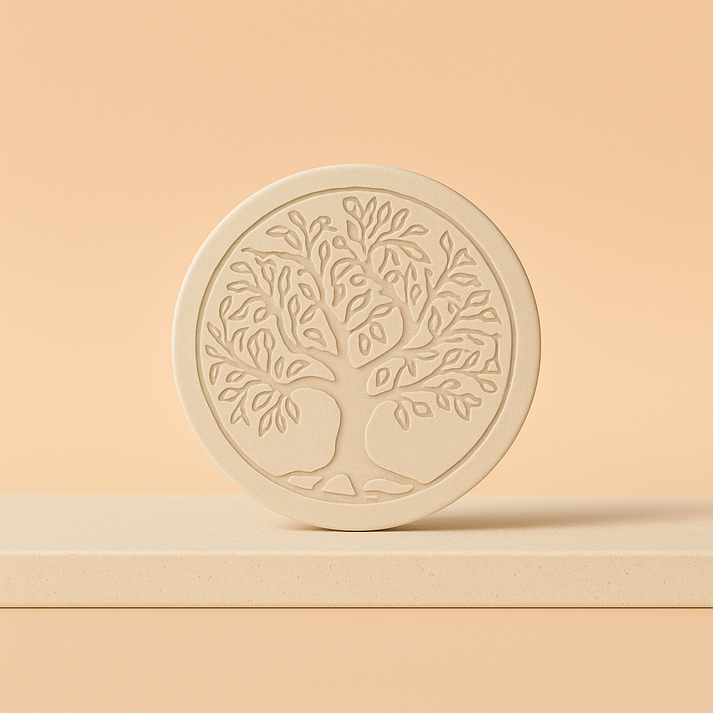 Placa de selenita circular grabada con Árbol de la Vida, 8 cm, translúcida y natural - purifica y recarga cristales