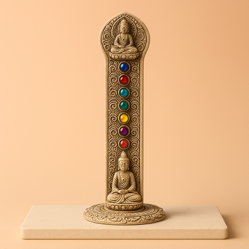 Porta-incienso Buda Torre 7 Chakras, torre de resina con acabado piedra; 16×6×7 cm; orificio superior para varitas; equilibrio