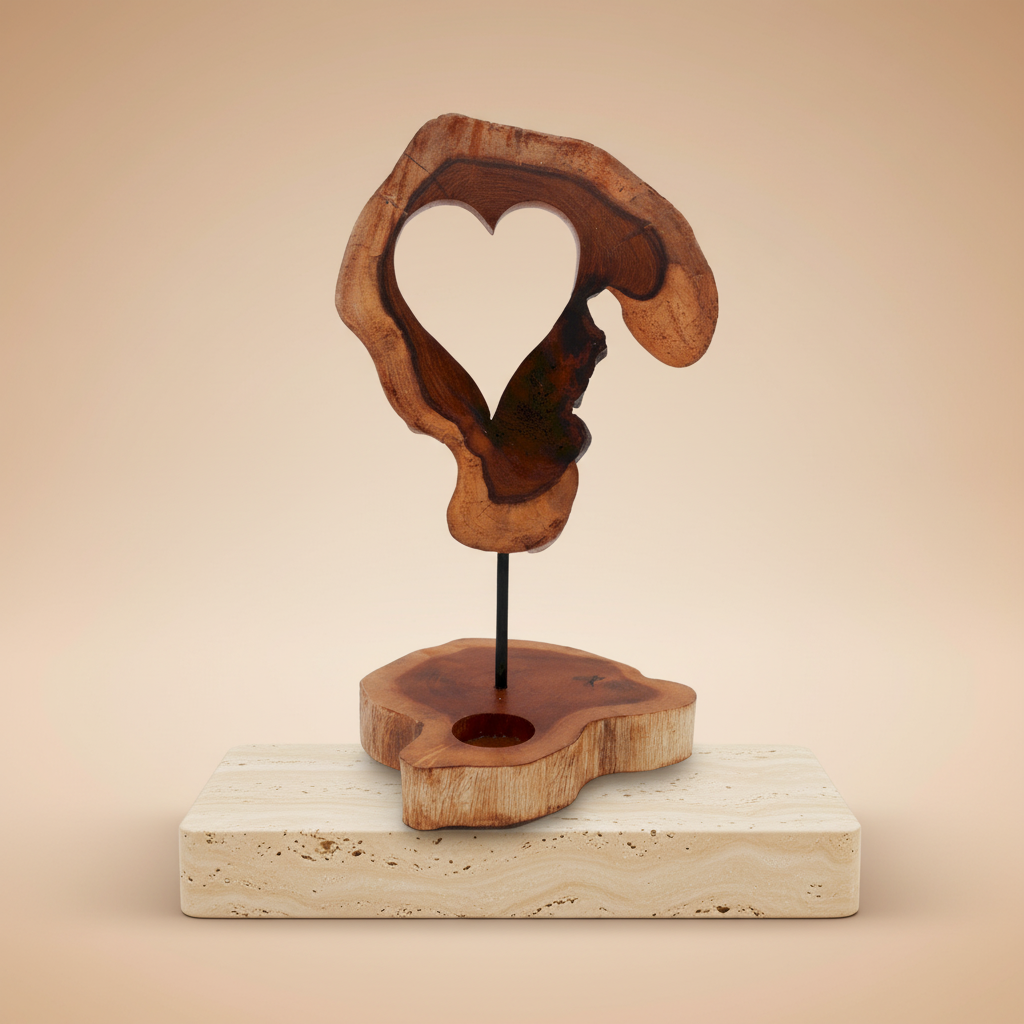 Portavelas-corazón de madera natural, veta y hueco para vela de té; diseño rústico que brinda calidez - promueve serenidad
