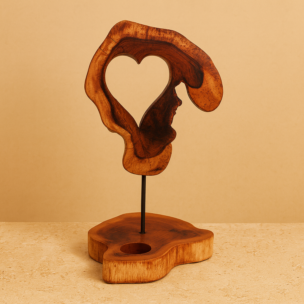 Portavelas-corazón de madera natural, veta y hueco para vela de té; diseño rústico que brinda calidez - promueve serenidad