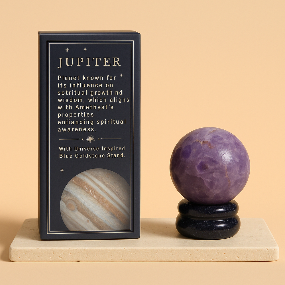 Planeta amatista: esfera morada 40 mm en soporte solar, representa Júpiter que impulsa intuición y claridad - protección