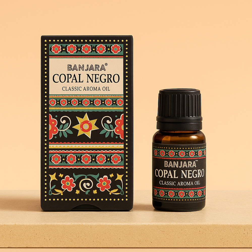Aceite Esencial de Copal Negro: botella de vidrio ámbar de 10 ml, aroma intenso - purifica energías y favorece la relajación.