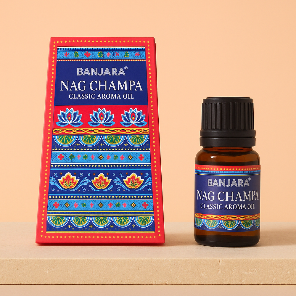 Aceite esencial Nag Champa: frasco de vidrio ámbar de 10 ml, aroma dulce‑floral con sándalo; envase premium - relajación