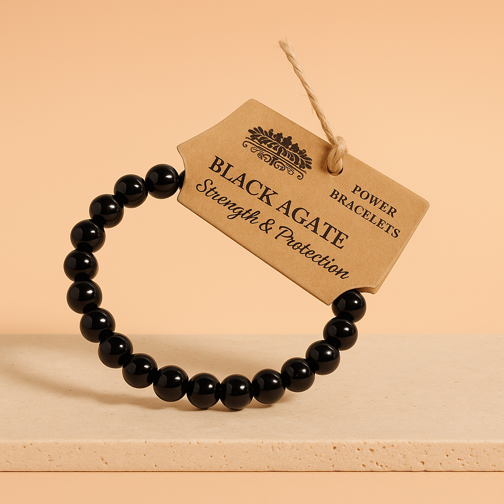 Pulsera: Ágata Negra, elástica, cuentas naturales, negro profundo; se adapta a la muñeca - Protección interior