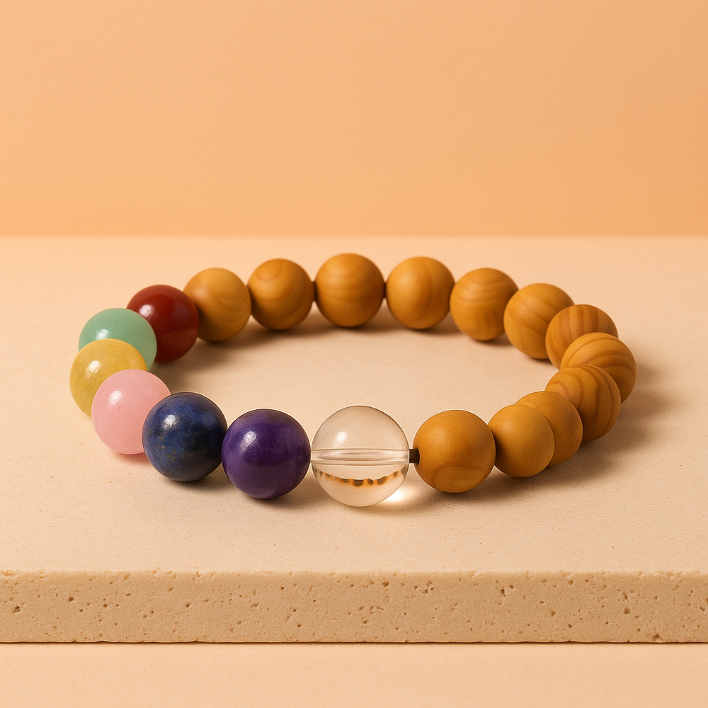 Pulsera de Cedro 7 Chakras, elástica con cuentas de cedro y cristales que simbolizan los 7 centros - equilibrio meditativo
