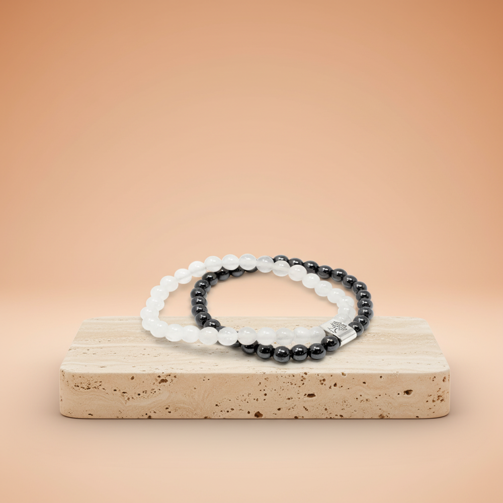 Pulsera de cuarzo blanco magnética: elástica, cuentas de cuarzo blanco y cuentas magnéticas oscuras - claridad mental