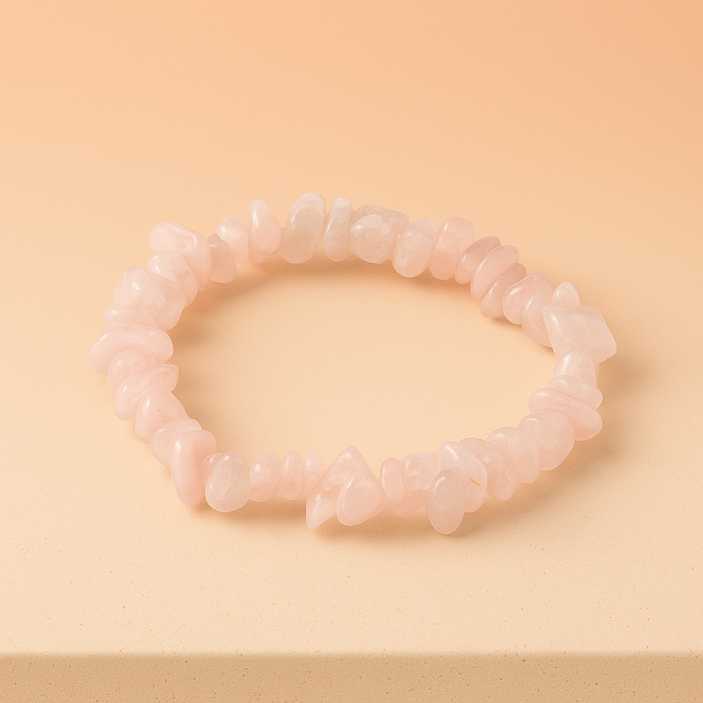 Pulsera de cuarzo rosa: fragmentos naturales irregulares, rosados y pulidos, en hilo elástico - amor y equilibrio emocional