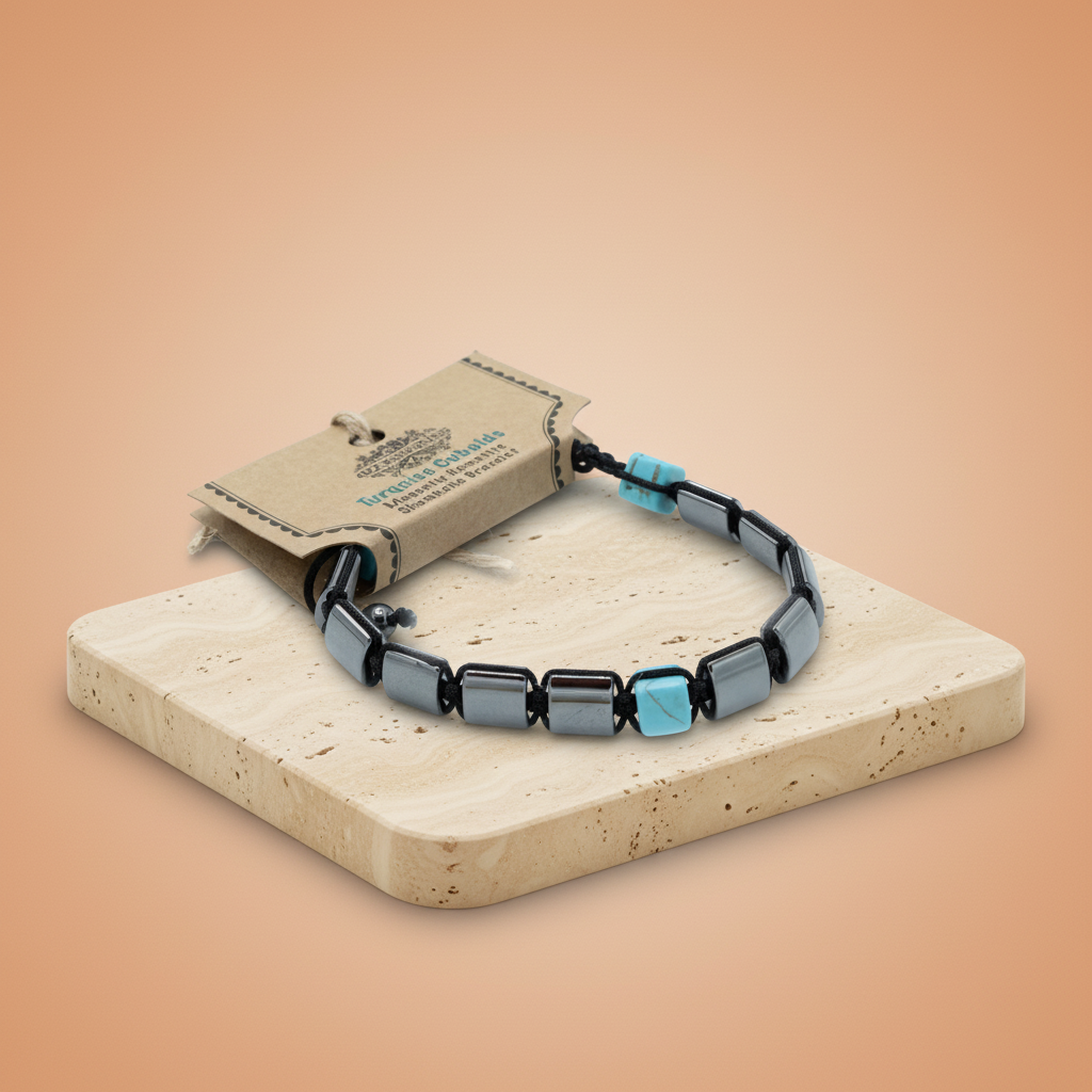 Pulsera Magnética Shamballa de Hematita cuboide y Turquesa en macramé, nudo corredizo ajustable, unisex - protege y armoniza