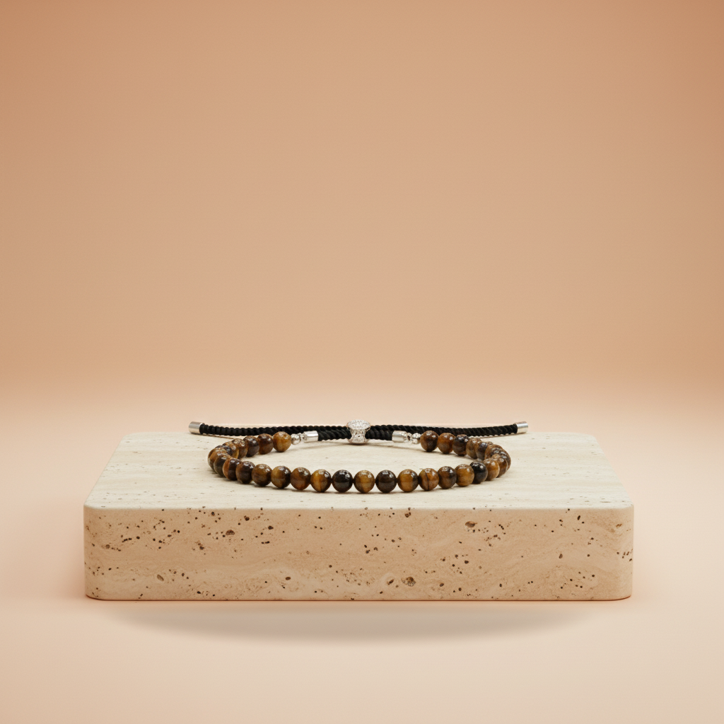 Pulsera de Hilo Negro con Ojo de Tigre: hilo negro y cuentas de Ojo de Tigre natural, cierre ajustable; dorados - Protección
