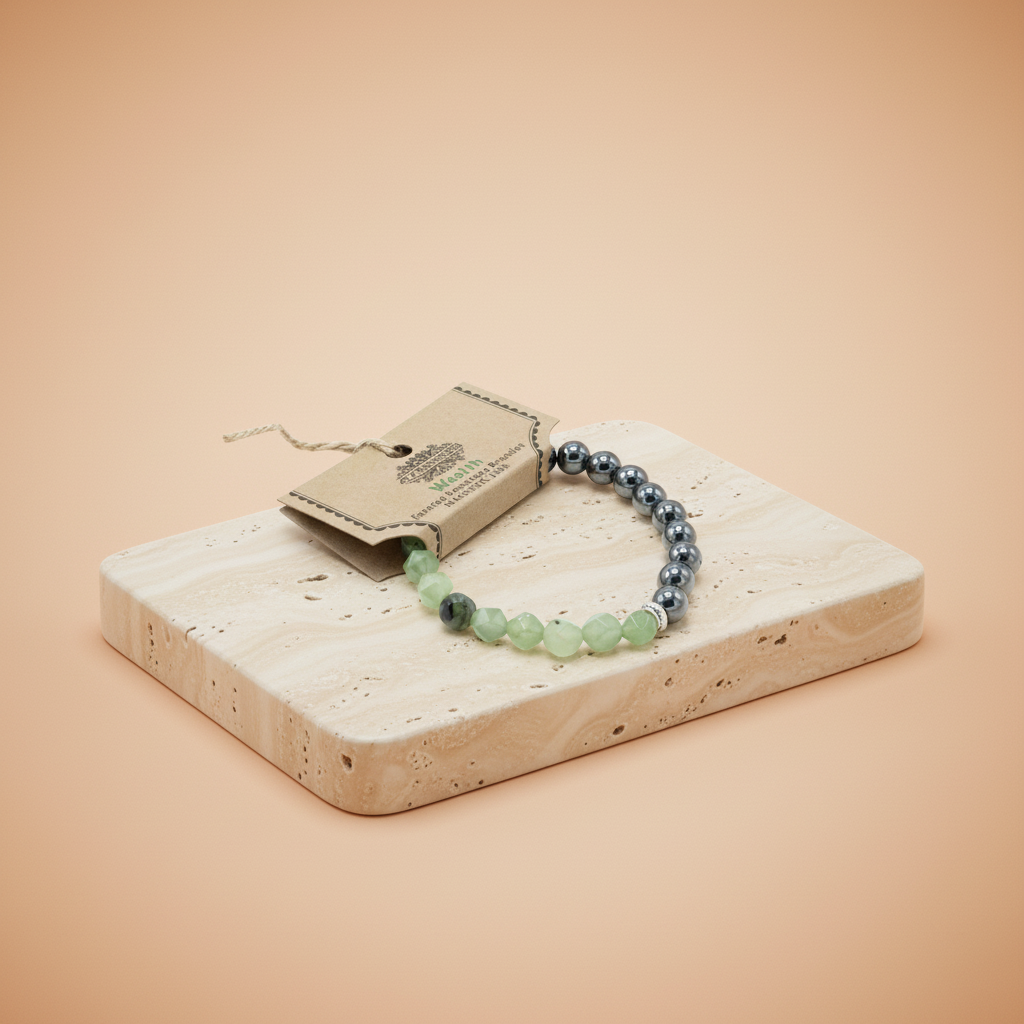 Pulsera de Jade magnética: elástica, cuentas talladas verdes y bolas imantadas oscuras — equilibrio y buena fortuna