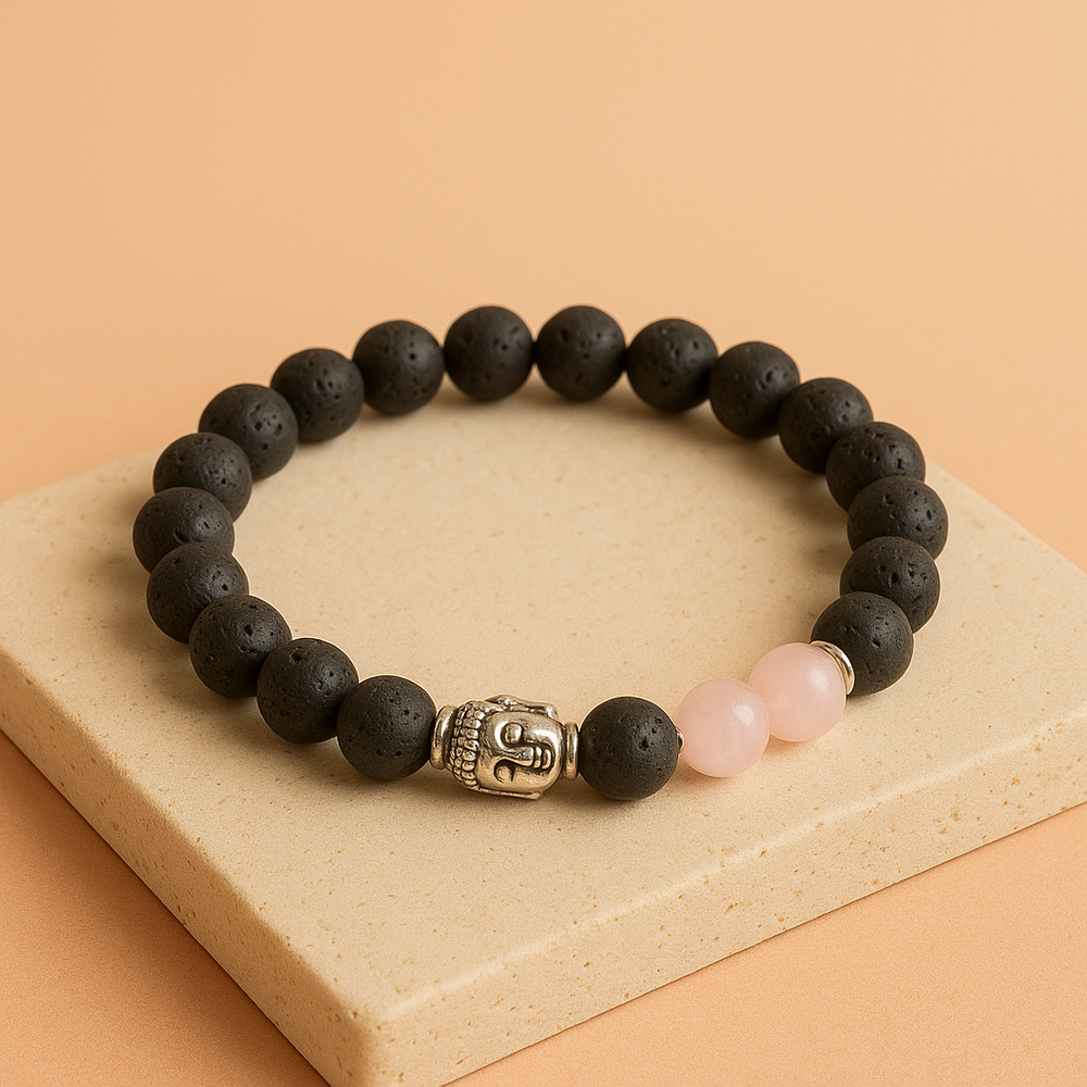 Pulsera de lava negra y cuarzo rosa con Buda: cuentas de lava y cuarzo rosa, diseño elástico — amor, calma y meditación