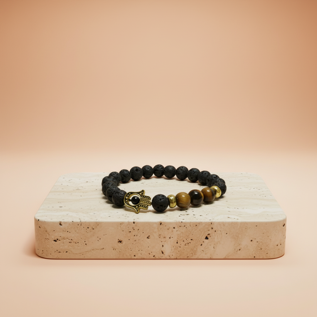 Pulsera de lava con cuentas negras, Ojo de Tigre dorado y Hamsa dorado, elástica - protección y enraizamiento