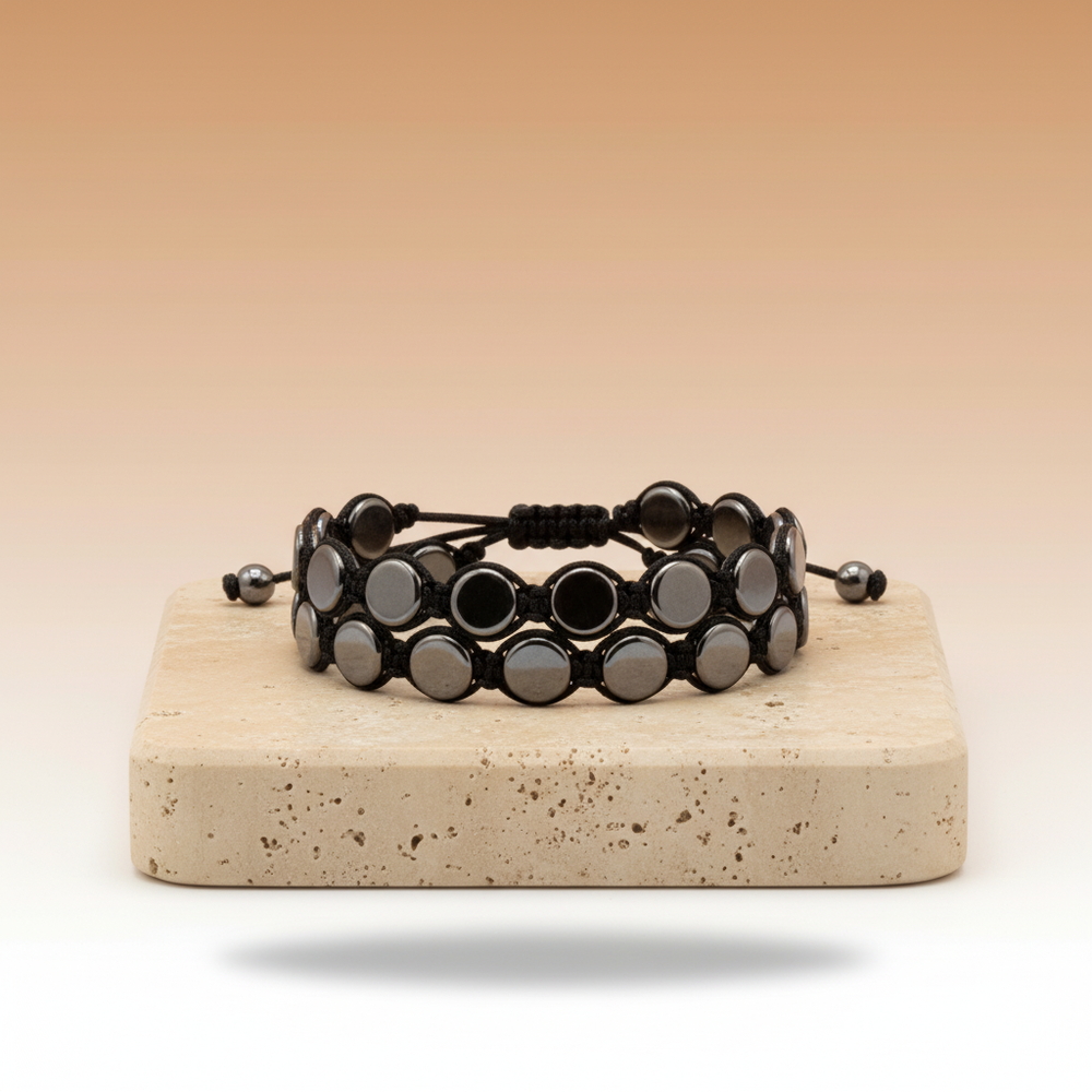 Shamballa: Pulsera hematita en macramé cuentas circulares grises, nudo ajustable, talla única unisex - Protección y equilibrio