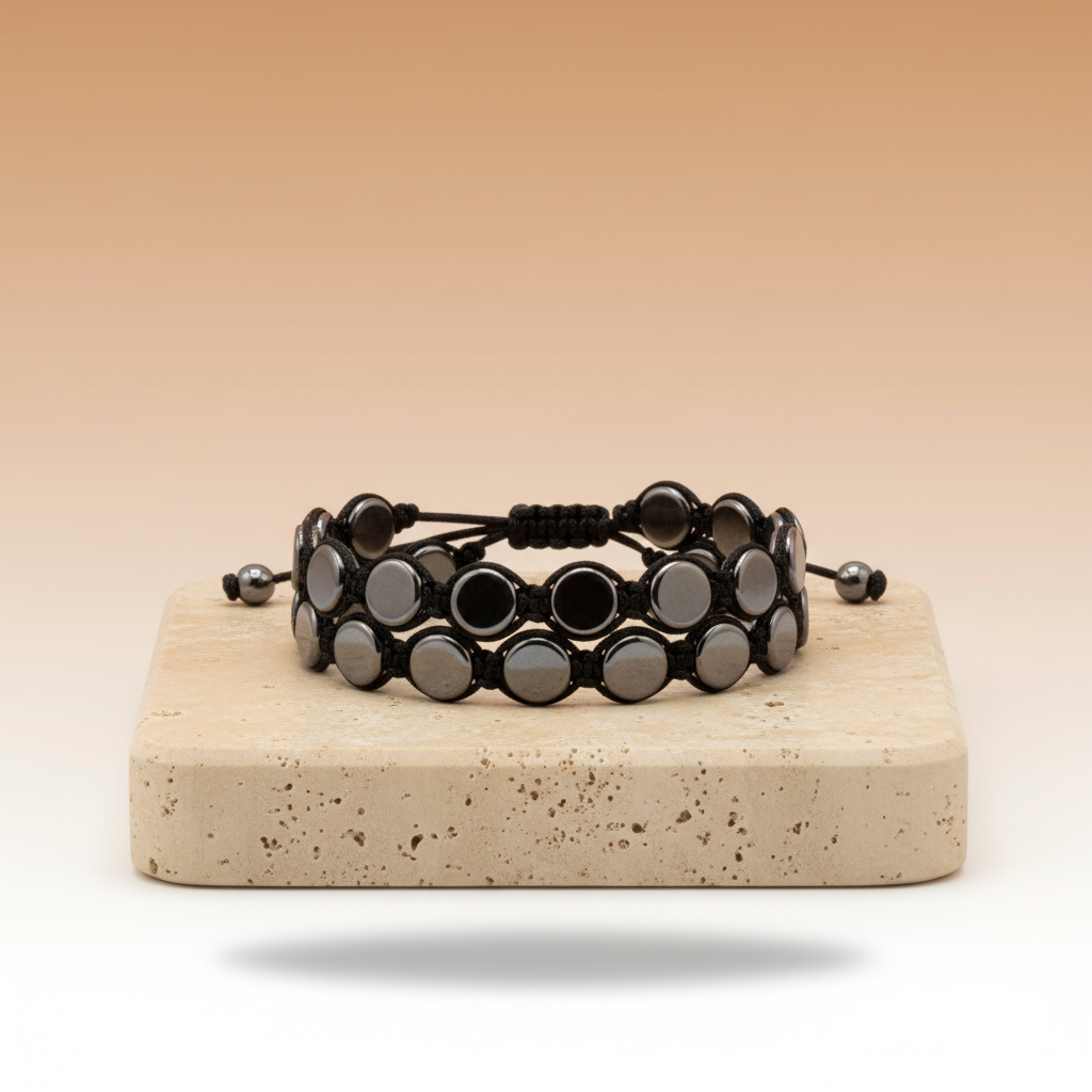 Shamballa: Pulsera hematita en macramé cuentas circulares grises, nudo ajustable, talla única unisex - Protección y equilibrio