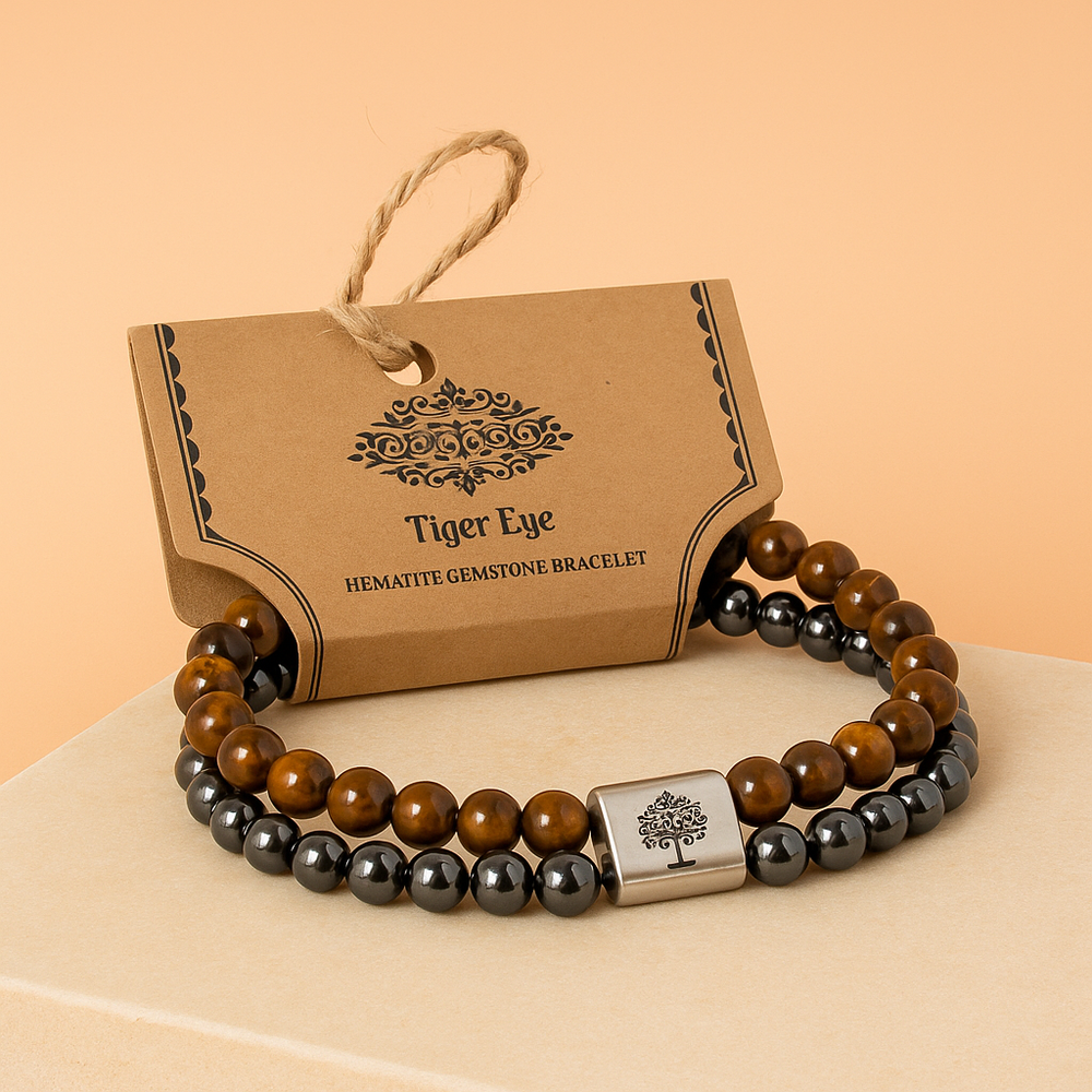Pulsera magnética Ojo de Tigre con cuentas naturales, elástico y tono marrón dorado; imanes discretos - fortalece confianza.