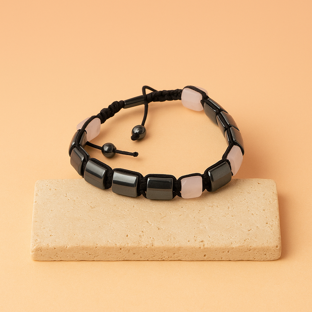 Pulsera Shamballa de hematita magnética y cuarzo rosa, cubos pulidos en rosado y metalizados, cierre ajustable- armonía y paz