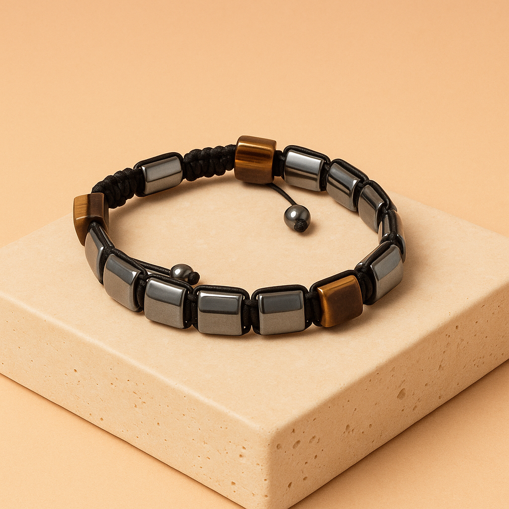 Pulsera Shamballa de Hematita Magnética y Ojo de Tigre con cubos pulidos y tonos metálicos; tamaño ajustable - equilibrio