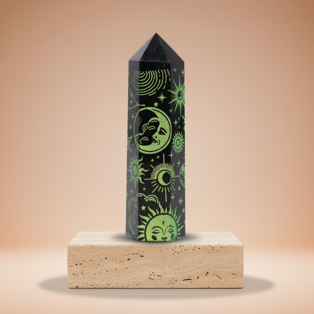 Punta de Obsidiana Negra Verde, cristal natural 9 cm, 60-70 g; negro con vetas, única para escudo - enraizamiento